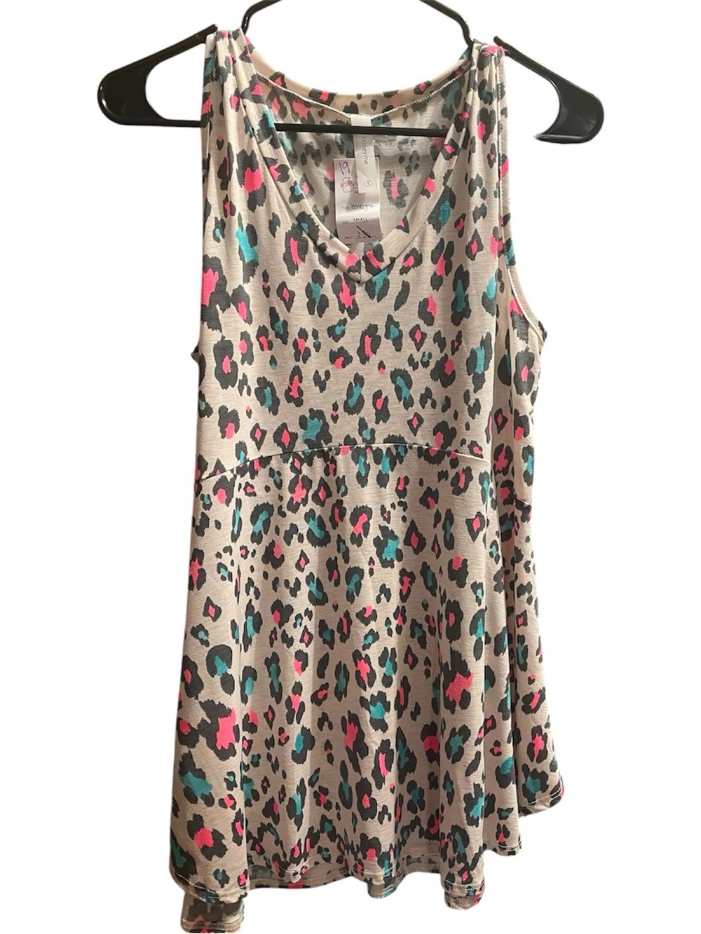 Honeyme Beige Tank with Pink & Teal Leopard Spots